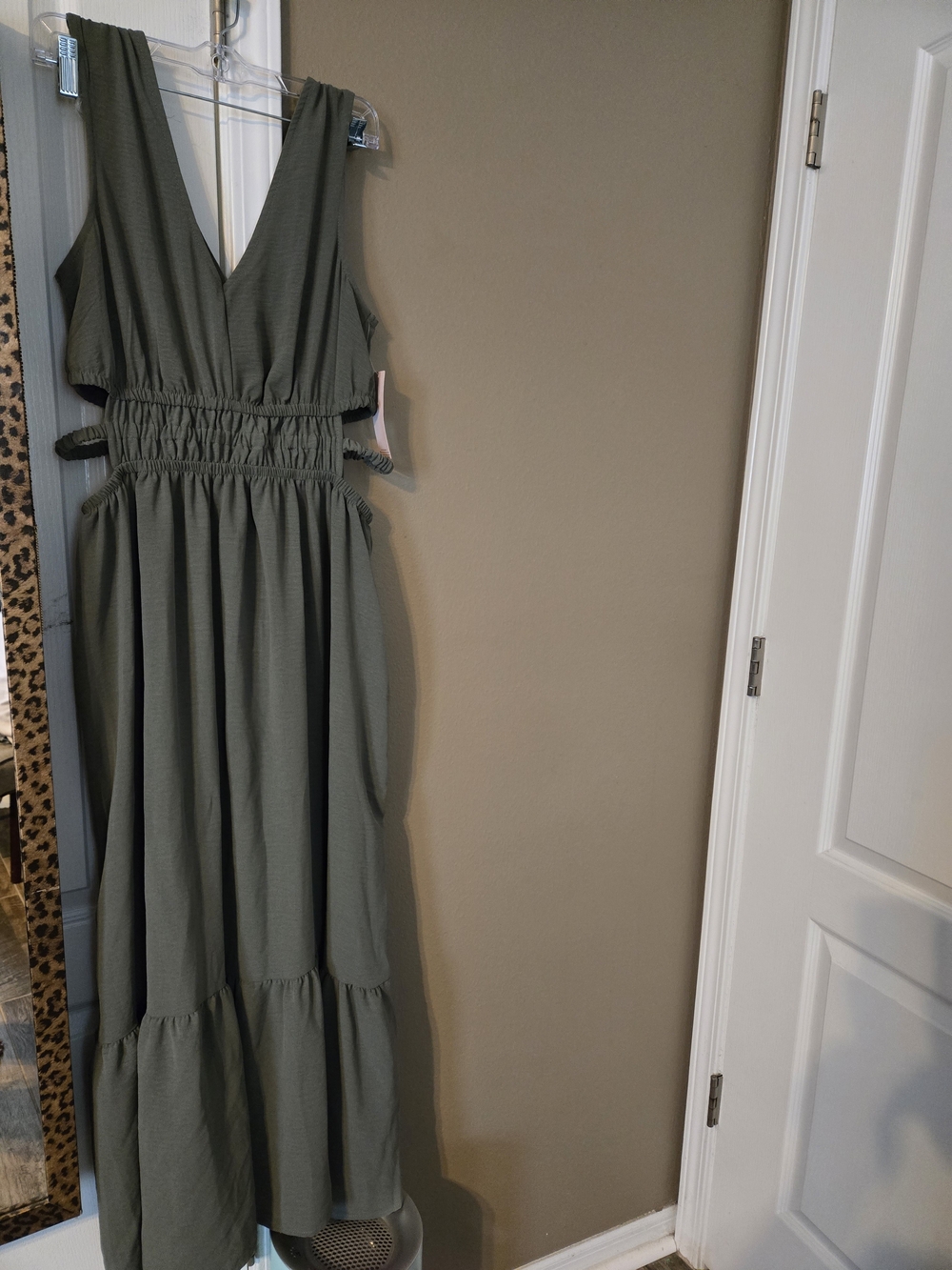 Inspired Hearts Olive Green Maxi Dress XL Cutout Side Smocked Boho V Neck NWT